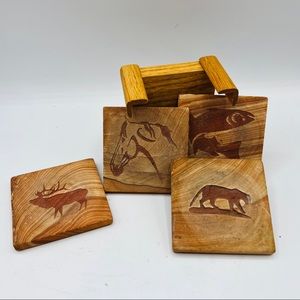 Wonderstone coasters. Set of 4.  Browns. Etched animals.   Oak wooden rack